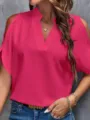 Detailed shot of a hot pink V-neck cold shoulder blouse for women, elegant summer top style. - S / Coral Red
