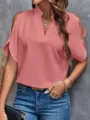 Women Elegant Solid Color V-Neck Cold Shoulder Short Sleeve Top Casual Summer Blouse - S / Pink