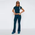 Σετ μονόχρωμο crop top και ψηλόμεσο παντελόνι καμπάνα σκούρο πράσινο, άνετο γυναικείο outfit. - XS / Top Και Κάτω / Σκούρο μπλε