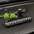 Creative car temporary parking card with swordsman figurine and moss tree decor. - Pine and Cypress + Cloaked Ranger + Black Parking Plate