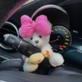 Lindo oso de peluche decoración de palanca de limpiaparabrisas de coche, lazo rosa. - Oso Blanco con Lazo Rosa Fucsia y Caramelo