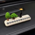 Car temporary parking phone number card with cool swordsman and cute tree ornament design. - Pine and Cypress + Back-Sword Ranger + White Parking Plate