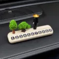 Car temporary parking phone number plate with miniature swordman and tree decor for auto interior - Pine and Cypress + Sword-Holding Ranger + White Parking Plate