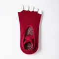 Red five toe yoga socks with non-slip silicone and cross straps, main view flat lay - One Size / Red Half-Toe