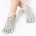 Grey five toe yoga socks for women, breathable pilates fitness grip socks with cross straps. - One Size / Light Gray Full Finger