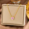Elegante Halskette mit rosa herzförmigem Zirkonia-Anhänger und Goldkette für Damen - Nur Halskette (7022) / Rosa Herz (Gold)