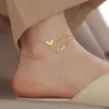 Eleganter vergoldeter Titanstahl Doppel-Ankle-Kette mit Herz- und Love-Anhängern - Zweilagiges Herz mit Buchstaben (B57) / Gold