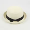 Women summer straw hat cute dome rolled brim fashion casual sun hat with black bow ribbon. - Around 57cm / Cream