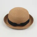 Women summer straw hat cute dome casual black bow rolled edge fedora fashion travel sun hat - Around 57cm / Light Coffee