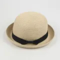 Women Summer Straw Hat Domed Rolled Brim Beach Sun Hat with Elegant Black Bow Ribbon - Around 57cm / Beige