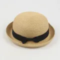 Women's summer straw hat, cute dome rolled brim sun hat with black bow, khaki variant. - Around 57cm / Beige
