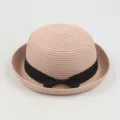 Women Summer Straw Hat Cute Bowler Rolled Brim Casual Beach Sun Hat Pink Black Ribbon - Around 57cm / Dusty Pink