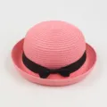 Women summer pink straw hat with black bow, casual rolled brim dome beach sun hat for travel. - Around 57cm / Pink