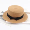 Summer straw hat retro flat top boater hat with black ribbon bow for women beach sun hat - M (56-58cm) / Light Coffee