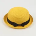 Yellow straw hat for women summer beach travel cute dome bowler hat with black ribbon bow - Around 57cm / Golden