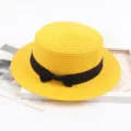 Yellow straw boater hat with black ribbon bow, vintage flat top sun hat for summer. - M (56-58cm) / Golden Yellow