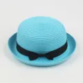 Light blue straw hat for women, elegant round crown derby hat with black bow ribbon summer. - Around 57cm / Sky Blue