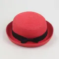Women Red Straw Hat Summer Bowler Hat with Elegant Black Bow Ribbon Casual Style Item - Around 57cm / Watermelon red
