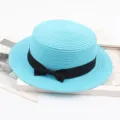 Light blue straw hat with a black bow ribbon, vintage flat top design for summer beach sun protection. - M (56-58cm) / Sky Blue