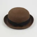 Women's summer straw bowler hat with black bow, stylish rolled brim casual sun hat. - Around 57cm / Dark Coffee