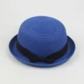 Blue women's straw hat, cute dome bowler style with black bow ribbon, summer casual beach hat. - Around 57cm / Sapphire Blue