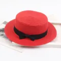 Red straw boater hat with black bow ribbon, vintage flat top sun hat for summer beach. - M (56-58cm) / Bright Red