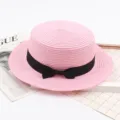 Pink straw hat with black bow, vintage flat top boater sun hat for women summer beach. - M (56-58cm) / Water Pink