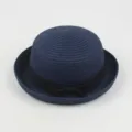 Stylish women's summer straw hat with black bow ribbon, casual dome bowler sunhat. - Around 57cm / Navy Blue
