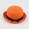 Orange straw hat for women, summer cute domed sun hat featuring a black bow and rolled brim. - Around 57cm / Orange