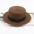 Classic women straw boater hat with black ribbon bow, summer beach sun protection sun hat. - M (56-58cm) / Dark Coffee