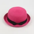 Women summer pink straw hat bowknot cute dome rolled brim fashion casual beach sun hat variant - Around 57cm / Rose Red