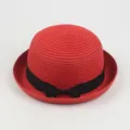 Women red straw hat with black bow, vintage bowler hat, elegant summer sun beach hat. - Around 57cm / Red