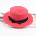 Pink straw boater hat with black bow ribbon, vintage summer sun protection beach hat style. - M (56-58cm) / Watermelon red