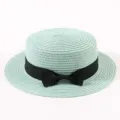 Light green straw boater hat with black ribbon bow for women summer beach sun protection. - M (56-58cm) / Grass Green