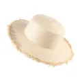 French straw hat wide brim frayed edge summer sun hat beach handmade woven hat beige - Plain Off-White Lace Trim Straw Hat