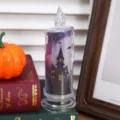 Halloween LED simulation candle light with castle pattern, perfect for spooky party decoration props. - Purple Castle (With Candlestick) / 6.5x18cm