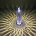 Gros plan détaillé de la bougie électronique LED transparente avec des motifs lumineux. - 6.3x18cm Grand avec Base / Bleu