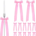 12pcs pink satin ribbon bows with long tails hanging decor for wedding party candlestick - Rose Red
