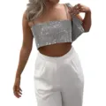 Sexy sequin camisole top with white high waist pants, perfect for club and party night style. - S / Tops / Silver