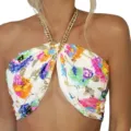 Sexy colorful sequin embroidered halter crop top with gold chain strap for women summer party. - S / White
