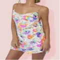Sexy Pailletten Blumen Mini Kleid mit Ketten Traegern Damen Party Clubwear Sommer Mode - S / Weiß