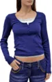 Detailed view of the slim-fit long-sleeve false two-piece t-shirt with lace trim and buttons. - S / Blue