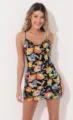 Elegantes schwarzes Pailletten-Minikleid mit bunten Blumen und feinen Spaghettiträgern. - S / Schwarz