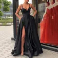 Sexy black strap split long dress, elegant sleeveless evening gown for summer parties. - XL / Black