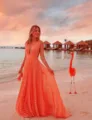 Elegantes ärmelloses Mesh-Maxikleid mit V-Ausschnitt für Damen, ideal für Sommerurlaub. - S / Orange