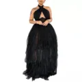 Elegantes schwarzes Neckholder-Abendkleid mit Korsett-Oberteil und mehrlagigem Tüll-Rock. - S / Schwarz