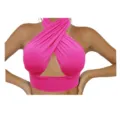 Hot pink halter crop top featuring sexy cross-front design and stylish cutout details. - S / Rose Red