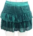 Dark green sequined tiered mini skirt, perfect for party and club wear with elastic waist. - S / Bottoms / Green