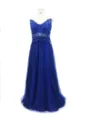 Blaues ärmelloses Abendkleid mit Stickerei und Pailletten, elegantes Maxikleid für Partys. - S / Blau