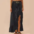 Schwarze transparente Asymmetrische Maxirock aus Spitze mit Gürtel für Damen Party Elegant - S / Schwarz